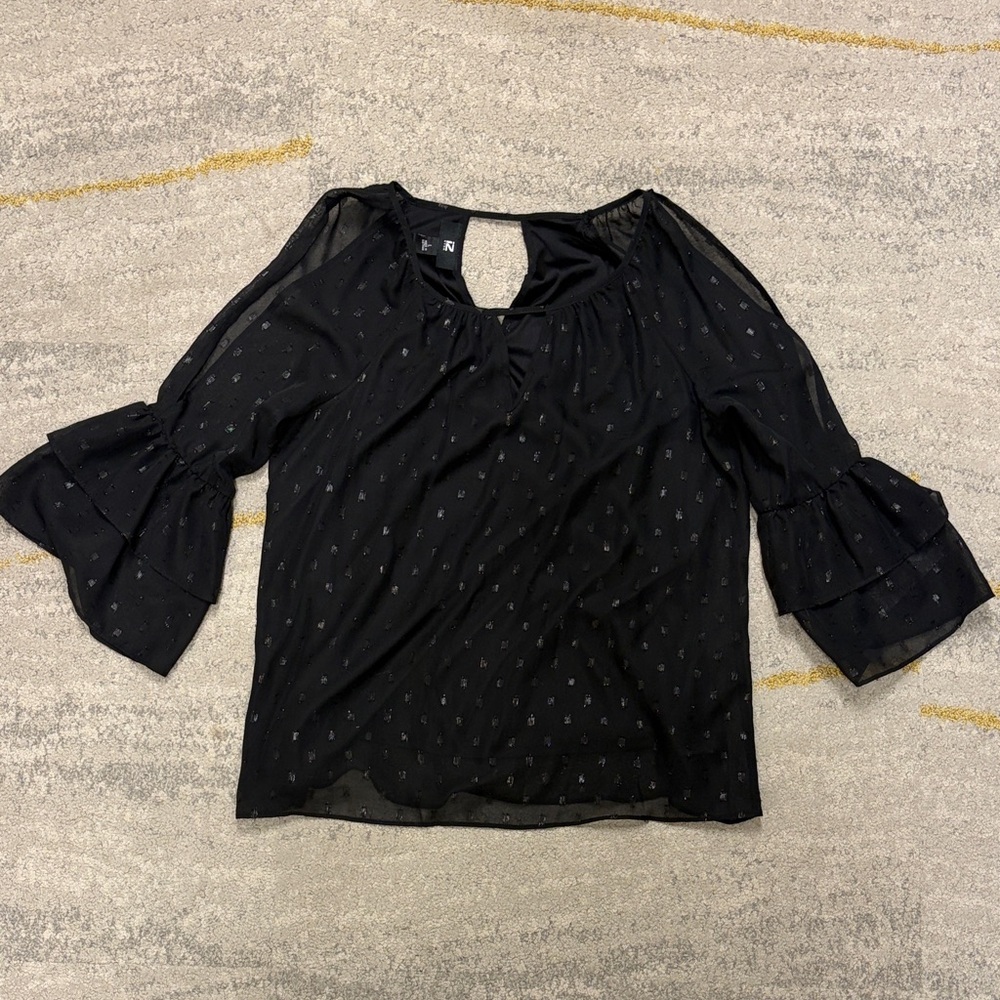 Iz Byer Black Sheer Blouse with Ruffled Sleeves NWT